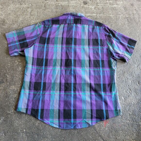 Vintage Sears Western Shirt Mens XL 17 Blue Purple Black Plaid Short Sleeve - Picture 3 of 8